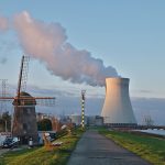 Cooling towers at a nuclear power station at dusk