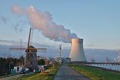 Cooling towers at a nuclear power station at dusk