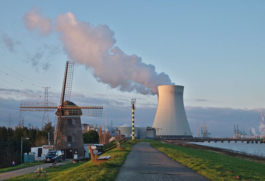 Cooling towers at a nuclear power station at dusk