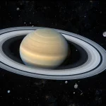 Saturn and its rings surrounded by many small distant moons in deep space