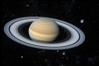 Saturn and its rings surrounded by many small distant moons in deep space
