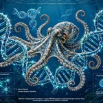 An octopus underwater surrounded by glowing 3D DNA structures illustrating genome folding and the evolution of complex brains.