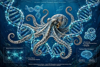 An octopus underwater surrounded by glowing 3D DNA structures illustrating genome folding and the evolution of complex brains.