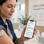 A person with type 2 diabetes wearing a continuous glucose monitor sensor while checking a stable blood sugar graph on a smartphone.