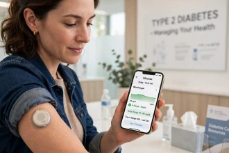 A person with type 2 diabetes wearing a continuous glucose monitor sensor while checking a stable blood sugar graph on a smartphone.