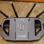 Gaming Wi-Fi router with multiple antennas on a desk
